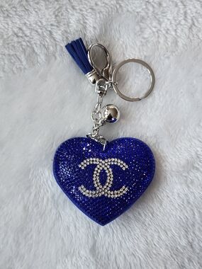 C Logo Blue Rhinestone Heart Key Holder with Tassel Bling Bag Charm